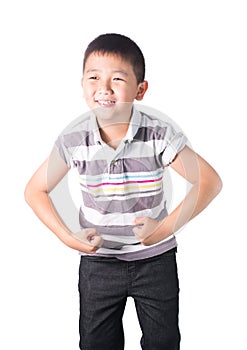 Strong Asian boy showing off his biceps flexing muscles his arm, isolated on white background