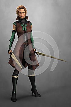Strong assertive woman in a leather coat holding a pair of fantasy swords