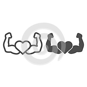 Strong athlete hands line and solid icon. Heart with muscle arms symbol, outline style pictogram on white background