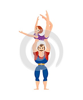 Strong athlete shows exercises for strength, supporting girl acrobat in air.