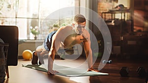 Strong Athletic Black Man Does Shirtless Workout at Home Gym, Doing Push Ups. Lean Fit Muscular