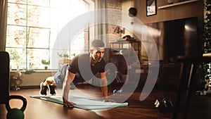 Strong Athletic Black Man Does Workout at Home Gym, Doing Push Ups. Lean Fit Muscular Mixed Race