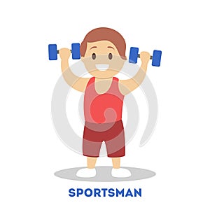 Strong athletic child with dumbbell. Kid sportsman