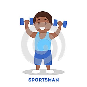 Strong athletic child with dumbbell. Kid sportsman