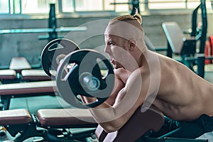 Strong athletic man make exercise with the preacher curls