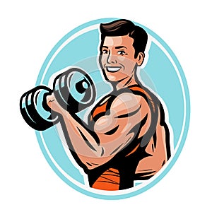 Strong athletic man raises heavy dumbbells with his hands. gym,body-building concept. vector illustration