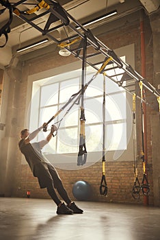 Strong athletic man training his arms with trx fitness straps at gym