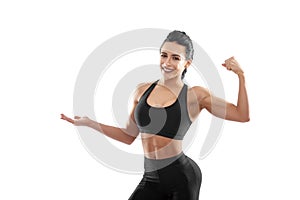 Strong athletic model posing on white background.