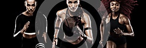 A strong athletic, women sprinter, running on black background wearing in the sportswear, fitness and sport motivation