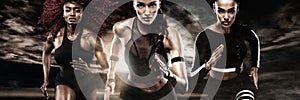 A strong athletic, women sprinter, running on dark background wearing in the sportswear, fitness and sport motivation