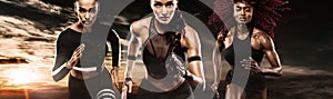 A strong athletic, women sprinter, running on dark background wearing in the sportswear, fitness and sport motivation