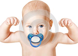 Strong Baby with Pacifier Raising Up Arms, Sport Kid, White