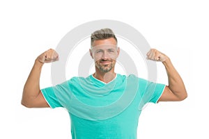 Strong biceps. Athletic body. Man athlete isolated white background. Man handsome in shirt. Guy sport outfit. Fashion