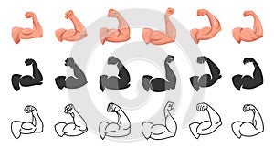 Strong biceps. Gym arm flexing, bicep muscle power silhouette and hand strength icons vector illustration set