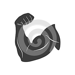 Strong biceps icon in black style. Bodybuilder muscle flex arm symbol. Sport, fitness, workout, gym club logo design