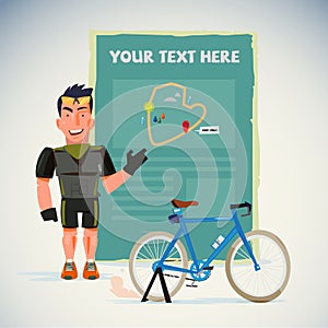 Strong bicycle man with present board. Map introduction. Character design - vector illustration