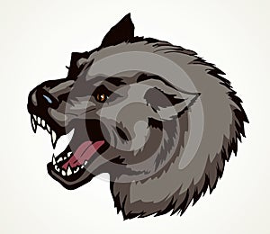 Open mouth. Grin. Vector drawing wolf