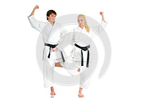 Strong blonde girl and the impudent karate guy