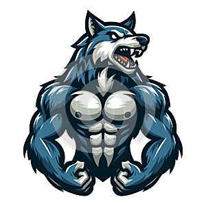 Strong body muscle wild beast wolf fox dog mascot design vector illustration, logo template isolated on white background