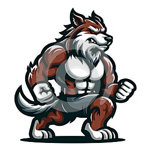 Strong body muscle wild beast wolf fox dog mascot design vector illustration, logo template isolated on white background