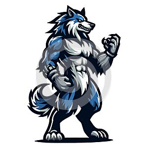 Strong body muscle wild beast wolf fox dog mascot design vector illustration, logo template isolated on white background