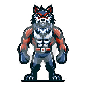 Strong body muscle wild beast wolf fox dog mascot design vector illustration, logo template isolated on white background