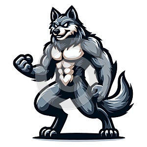 Strong body muscle wild beast wolf fox dog mascot design vector illustration, logo template isolated on white background