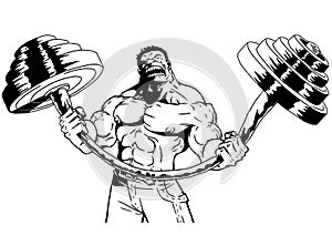 Strong bodybuilder flexes heavy barbell