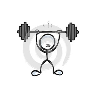 Strong bodybuilding athlete holding barbell. Heavy weight workout in gym. Body and muscle training. Hand drawn. Stickman cartoon.