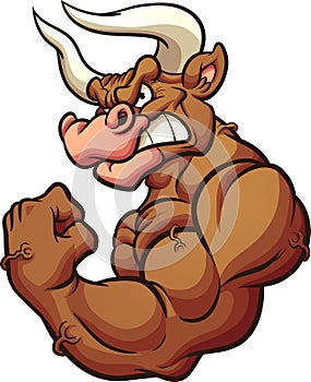 Strong brown bull mascot flexing arm