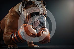 A strong bulldog wearing a pair of boxing gloves. Generative AI