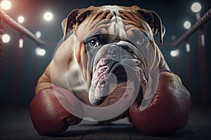 A strong bulldog wearing a pair of boxing gloves. Generative AI