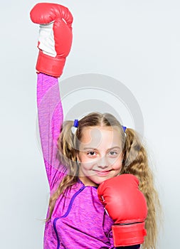 Strong child boxing. Sport and health concept. Boxing sport for female. Skill of successful leader. Sport upbringing