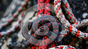 Strong climbing knot with red and black colored ropes on bokeh background. Team building concept. Generative AI