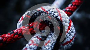 Strong climbing knot with red and black colored ropes on bokeh background. Team building concept. Generative AI