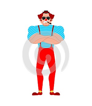 Strong Clown. Serious funnyman. Powerful harlequin. Vector illustration