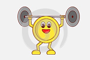 Strong coin with a barbell. Stable currency illustration for children.