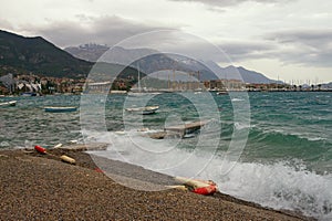 Strong cold wind on Adriatic coast. Montenegro, Bay of Kotor