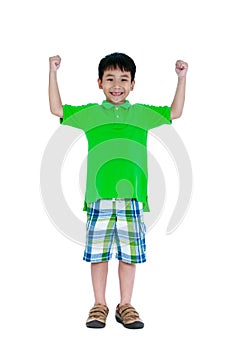 Strong and confident child. Happy asian child smiling and raisin