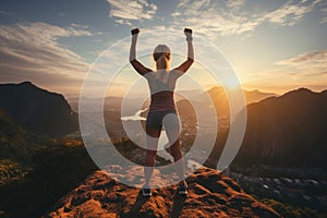 strong confident fit woman with arms in the air on the peak and sun on the background