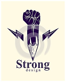 Strong design or art power concept shown as a pencil with clenched fist combined into symbol, vector logo or creative conceptual