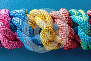 Strong diverse network rope team concept integrate braid color background cooperation empower