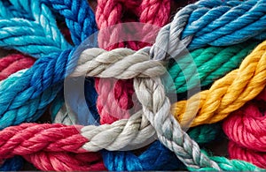 Strong diverse network rope team concept integrate braid color background cooperation empower power.