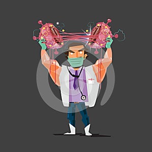 Strong Doctor are tearing or breaking virus monster - vector illustration