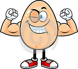 Strong Egg Cartoon Character Winking And Showing Muscle Arms