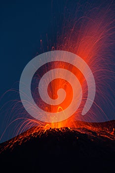 Strong eruption of volcano Stromboli erupting