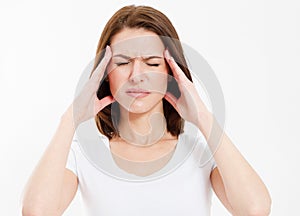 Strong female migraine, Suffering woman head pain isolated