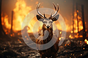 Strong fire in the forest, animals run and escape from the fire. Catastrophe. Space for text