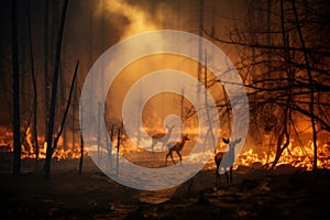 Strong fire in the forest, animals run and escape from the fire. Catastrophe. Space for text