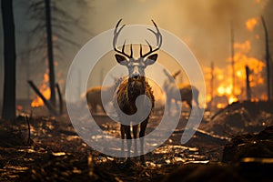 Strong fire in the forest, animals run and escape from the fire. Catastrophe. Space for text